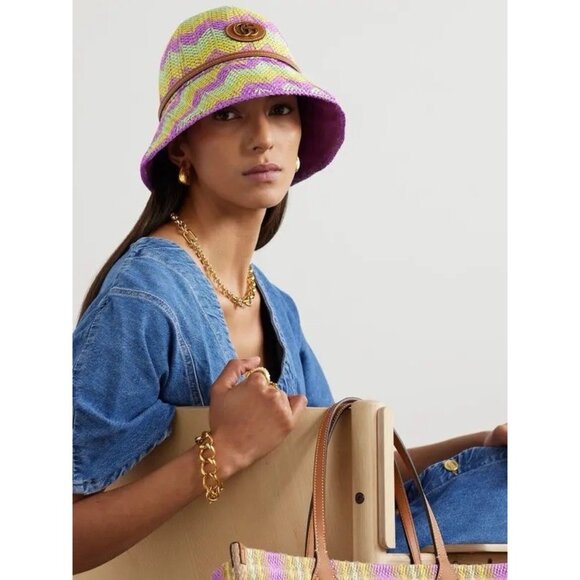NEW GUCCI  Embellished Leather-Trimmed Straw Bucket Hat $1,190 SZ S main image 6